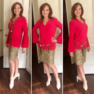 Michael Kors Fruit Punch Blouse with Green pattern skirt